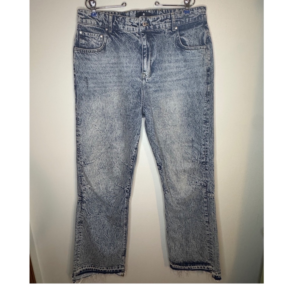 Represent Mens Acid Wash‎ Jeans Blue Denim Raw Hem Embroidered R Logo Size 36